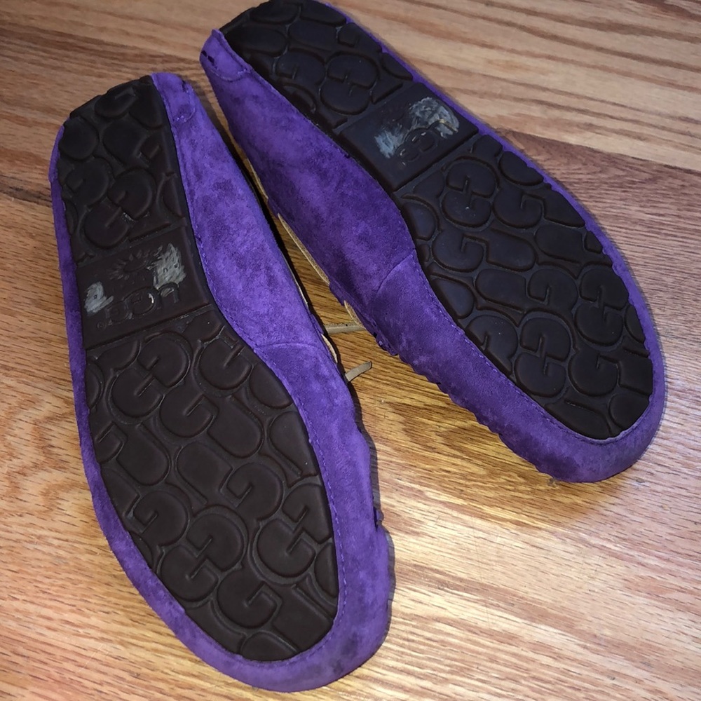 UGG Gray Suede Moccasin Slippers with Chestnut Laces and Shearling Lining - Picture 7 of 8